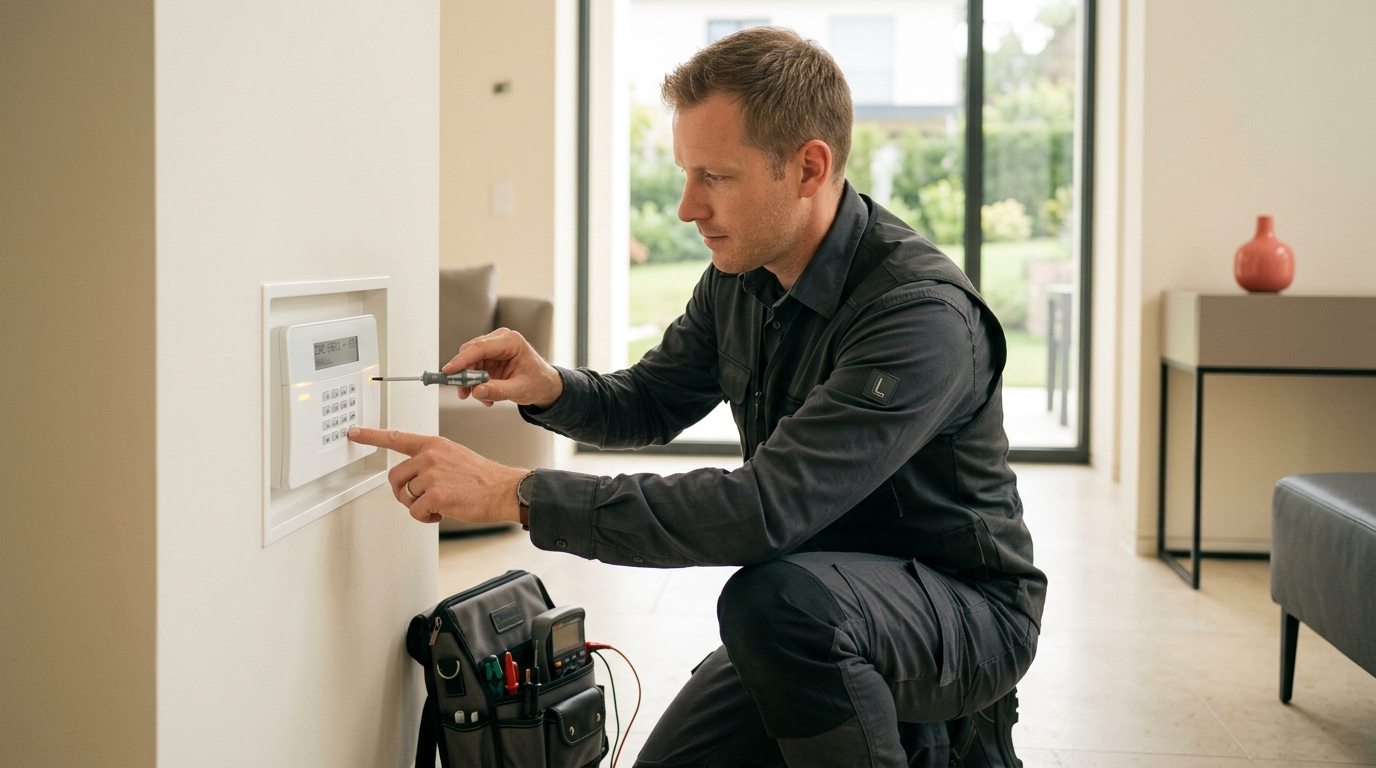 Technicien réalisant la maintenance d’un système d’alarme