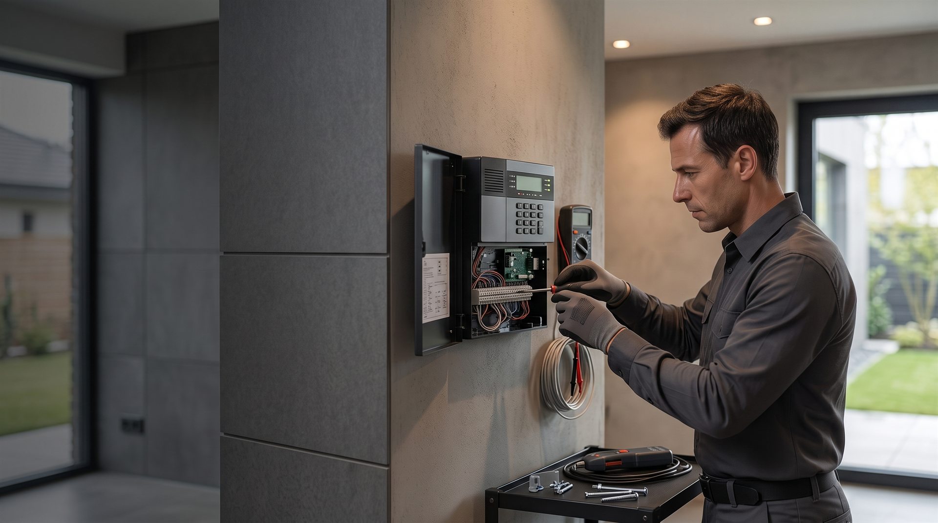 Technicien de sécurité dans un bâtiment contemporain